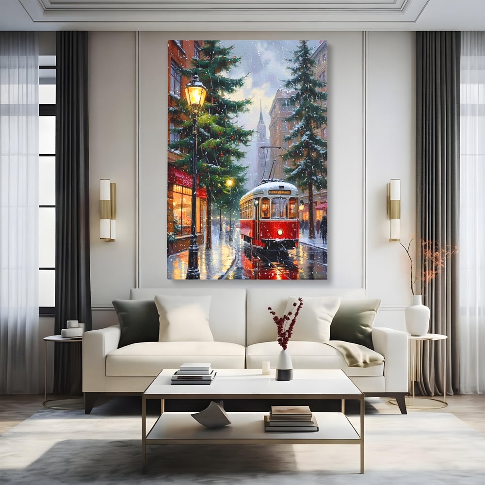 Tablou Canvas Premium, LuxCanva® D1136, Tramvaiul Rosu in Ajun, Iarna, Craciun, Strada, Tramvai, Rosu, Ninsoare, Oras, Urban, Plimbare, Pieton, Stralucire, Lampi, Living, Dormitor