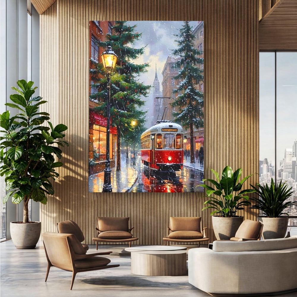 Tablou Canvas Premium, LuxCanva® D1136, Tramvaiul Rosu in Ajun, Iarna, Craciun, Strada, Tramvai, Rosu, Ninsoare, Oras, Urban, Plimbare, Pieton, Stralucire, Lampi, Living, Dormitor
