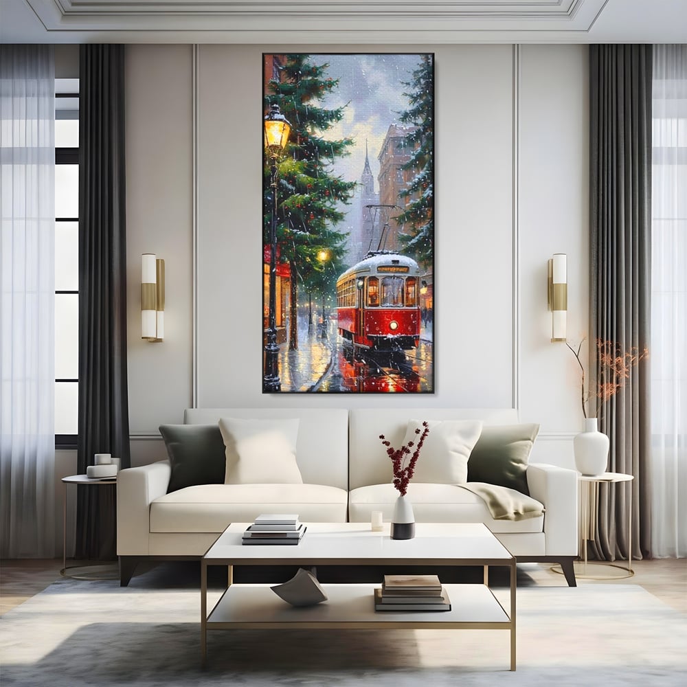 Tablou Canvas Premium, LuxCanva® D1136, Tramvaiul Rosu in Ajun, Iarna, Craciun, Strada, Tramvai, Rosu, Ninsoare, Oras, Urban, Plimbare, Pieton, Stralucire, Lampi, Living, Dormitor
