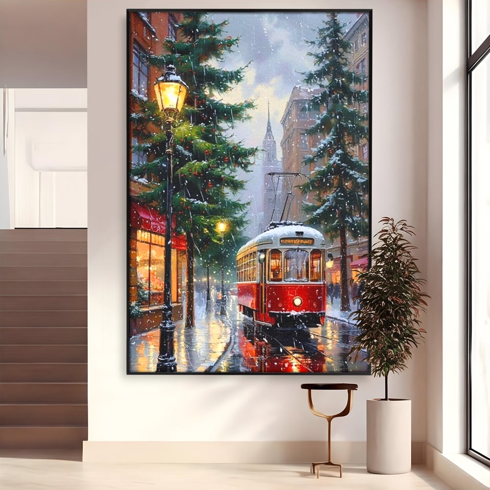 Tablou Canvas Premium, LuxCanva® D1136, Tramvaiul Rosu in Ajun, Iarna, Craciun, Strada, Tramvai, Rosu, Ninsoare, Oras, Urban, Plimbare, Pieton, Stralucire, Lampi, Living, Dormitor