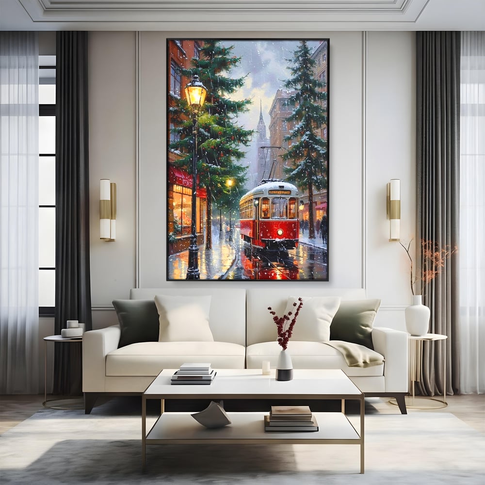 Tablou Canvas Premium, LuxCanva® D1136, Tramvaiul Rosu in Ajun, Iarna, Craciun, Strada, Tramvai, Rosu, Ninsoare, Oras, Urban, Plimbare, Pieton, Stralucire, Lampi, Living, Dormitor