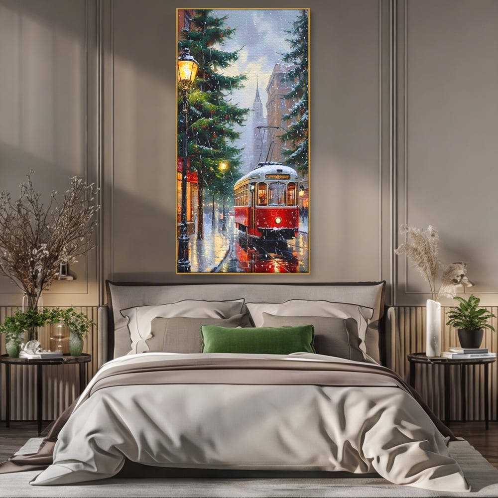 Tablou Canvas Premium, LuxCanva® D1136, Tramvaiul Rosu in Ajun, Iarna, Craciun, Strada, Tramvai, Rosu, Ninsoare, Oras, Urban, Plimbare, Pieton, Stralucire, Lampi, Living, Dormitor
