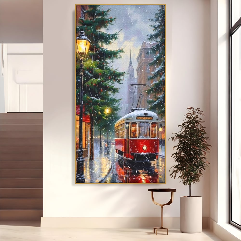 Tablou Canvas Premium, LuxCanva® D1136, Tramvaiul Rosu in Ajun, Iarna, Craciun, Strada, Tramvai, Rosu, Ninsoare, Oras, Urban, Plimbare, Pieton, Stralucire, Lampi, Living, Dormitor