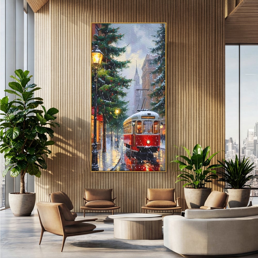 Tablou Canvas Premium, LuxCanva® D1136, Tramvaiul Rosu in Ajun, Iarna, Craciun, Strada, Tramvai, Rosu, Ninsoare, Oras, Urban, Plimbare, Pieton, Stralucire, Lampi, Living, Dormitor