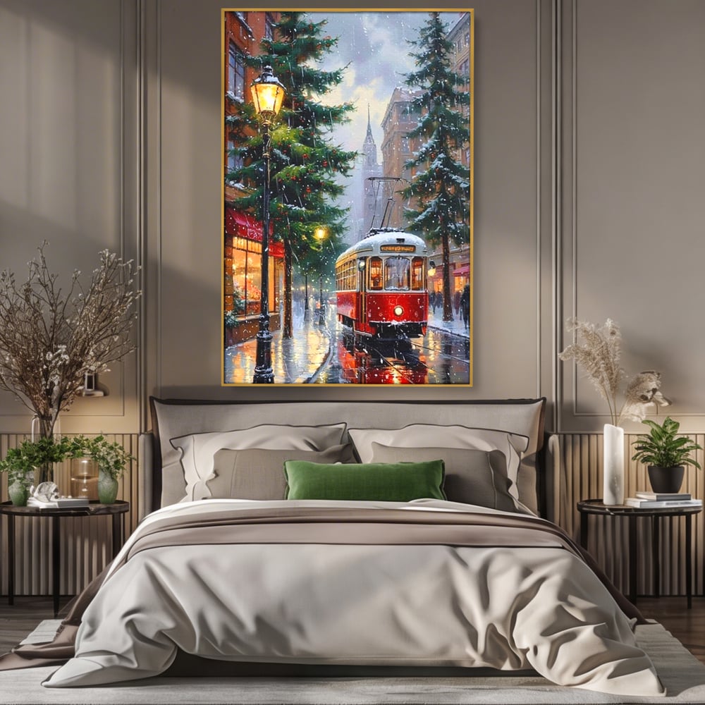Tablou Canvas Premium, LuxCanva® D1136, Tramvaiul Rosu in Ajun, Iarna, Craciun, Strada, Tramvai, Rosu, Ninsoare, Oras, Urban, Plimbare, Pieton, Stralucire, Lampi, Living, Dormitor