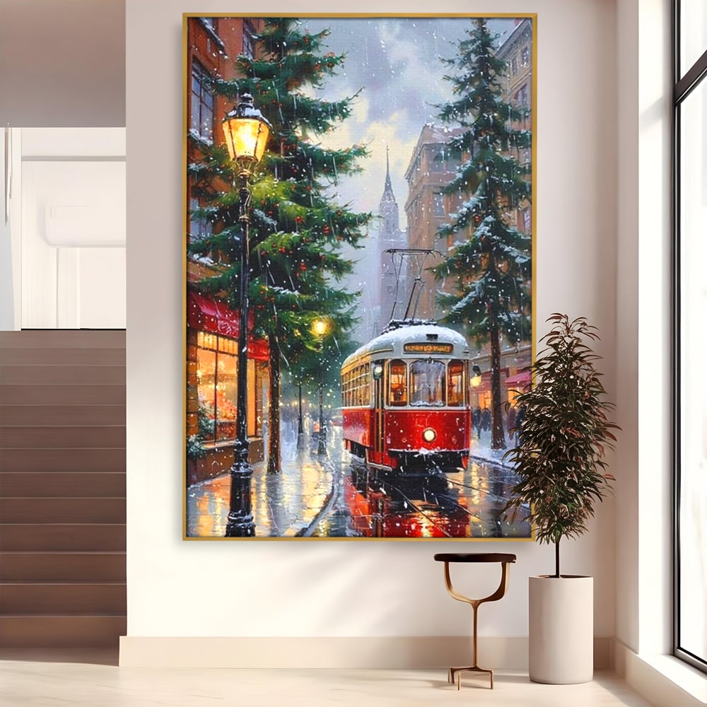 Tablou Canvas Premium, LuxCanva® D1136, Tramvaiul Rosu in Ajun, Iarna, Craciun, Strada, Tramvai, Rosu, Ninsoare, Oras, Urban, Plimbare, Pieton, Stralucire, Lampi, Living, Dormitor
