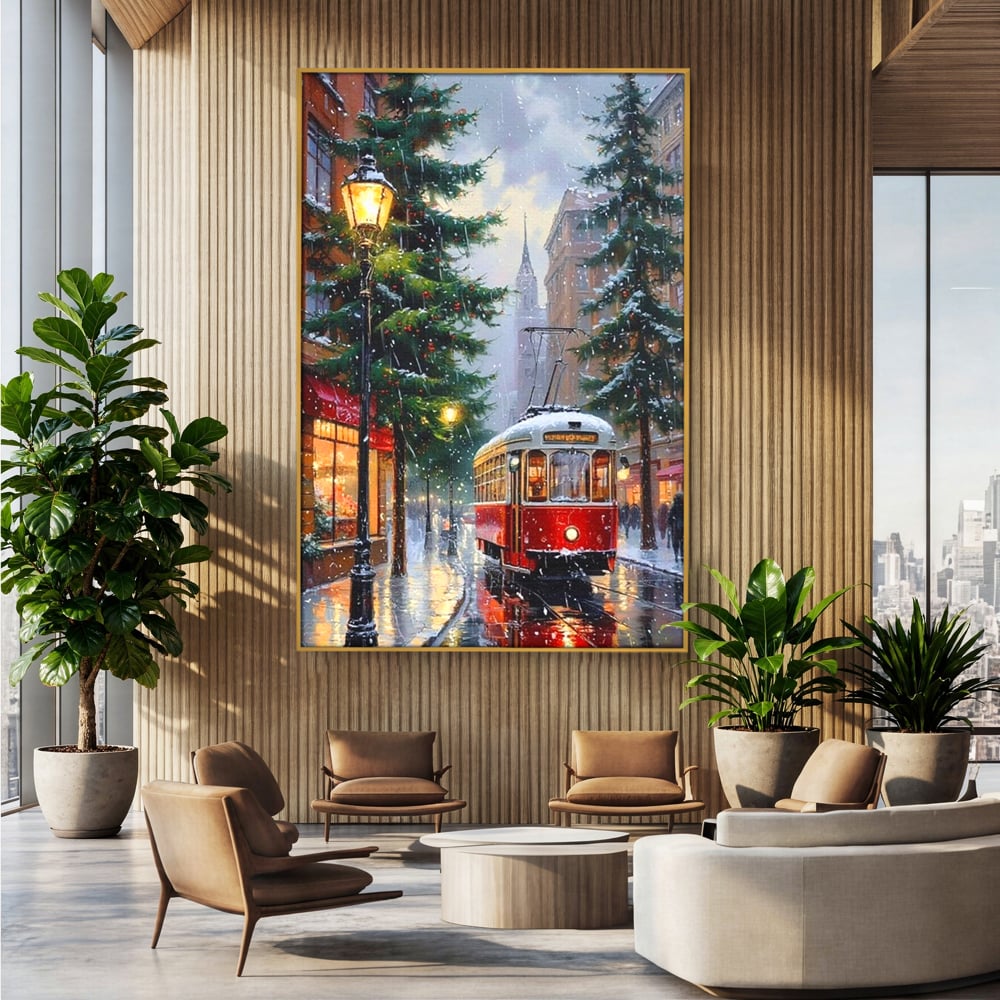 Tablou Canvas Premium, LuxCanva® D1136, Tramvaiul Rosu in Ajun, Iarna, Craciun, Strada, Tramvai, Rosu, Ninsoare, Oras, Urban, Plimbare, Pieton, Stralucire, Lampi, Living, Dormitor