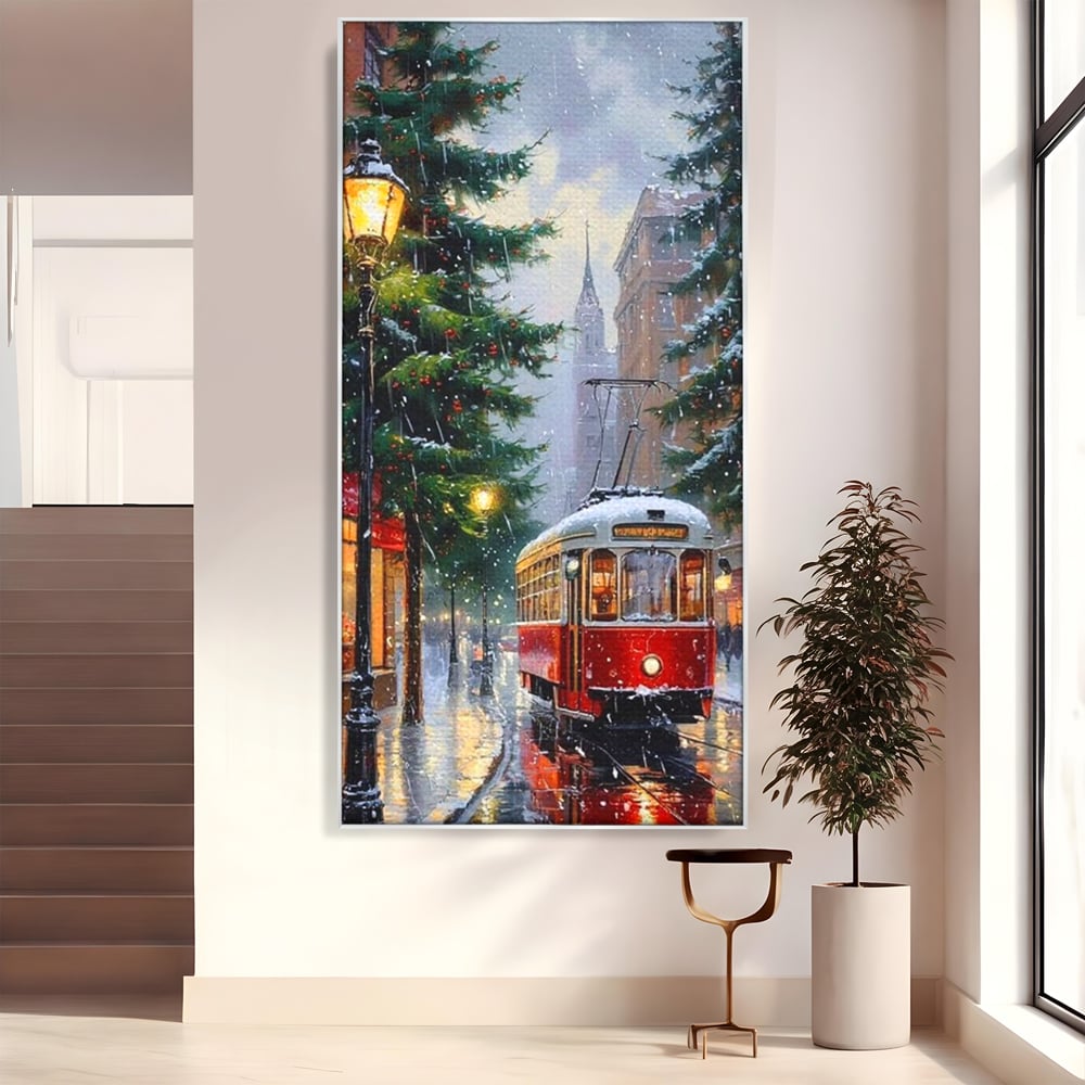 Tablou Canvas Premium, LuxCanva® D1136, Tramvaiul Rosu in Ajun, Iarna, Craciun, Strada, Tramvai, Rosu, Ninsoare, Oras, Urban, Plimbare, Pieton, Stralucire, Lampi, Living, Dormitor