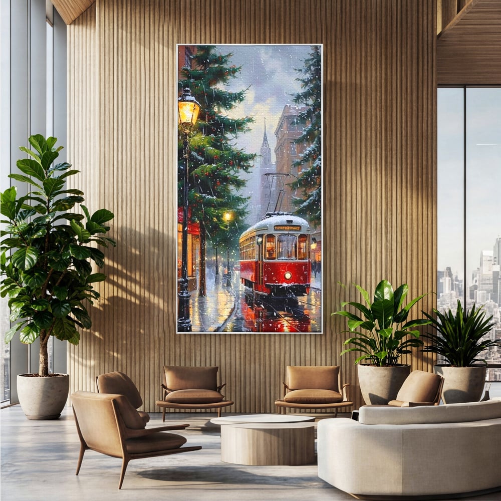 Tablou Canvas Premium, LuxCanva® D1136, Tramvaiul Rosu in Ajun, Iarna, Craciun, Strada, Tramvai, Rosu, Ninsoare, Oras, Urban, Plimbare, Pieton, Stralucire, Lampi, Living, Dormitor