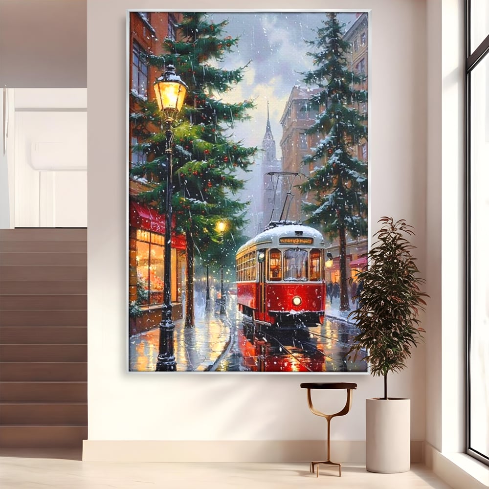 Tablou Canvas Premium, LuxCanva® D1136, Tramvaiul Rosu in Ajun, Iarna, Craciun, Strada, Tramvai, Rosu, Ninsoare, Oras, Urban, Plimbare, Pieton, Stralucire, Lampi, Living, Dormitor