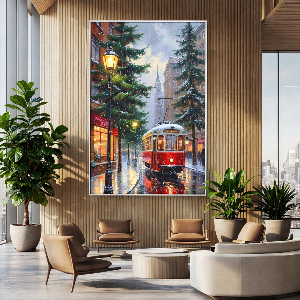 Tablou Canvas Premium, LuxCanva® D1136, Tramvaiul Rosu in Ajun, Iarna, Craciun, Strada, Tramvai, Rosu, Ninsoare, Oras, Urban, Plimbare, Pieton, Stralucire, Lampi, Living, Dormitor