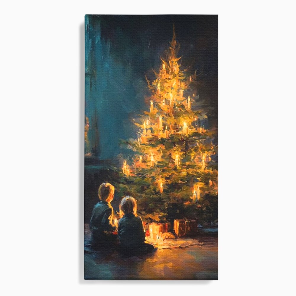 Tablou Canvas Premium, LuxCanva® D1138, Seara In Care Dorintele Se Aprind, Iarna, Sarbatori, Copii, Frate, Sora, Emotie, Asteptare, Mos Craciun, Ajun, Brad, Nostalgie, Living, Dormitor