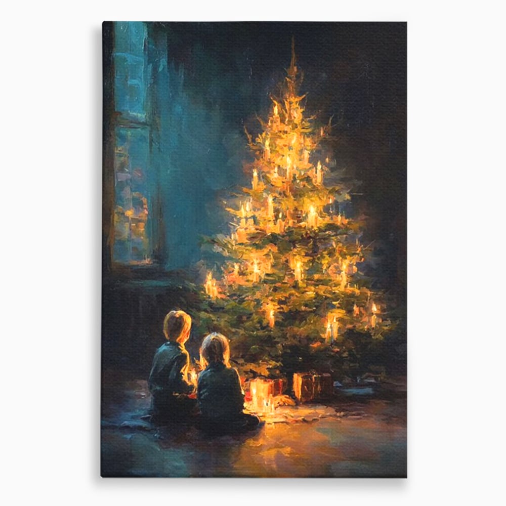 Tablou Canvas Premium, LuxCanva® D1138, Seara In Care Dorintele Se Aprind, Iarna, Sarbatori, Copii, Frate, Sora, Emotie, Asteptare, Mos Craciun, Ajun, Brad, Nostalgie, Living, Dormitor