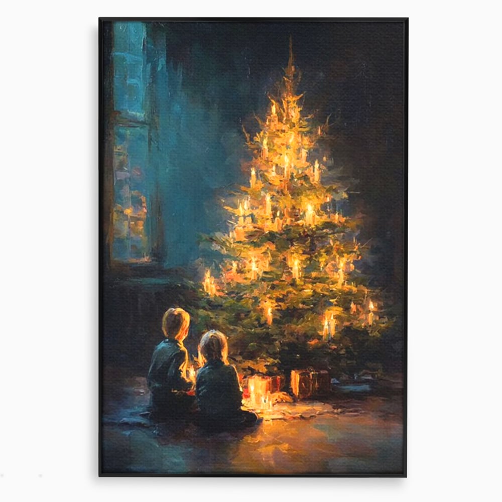 Tablou Canvas Premium, LuxCanva® D1138, Seara In Care Dorintele Se Aprind, Iarna, Sarbatori, Copii, Frate, Sora, Emotie, Asteptare, Mos Craciun, Ajun, Brad, Nostalgie, Living, Dormitor