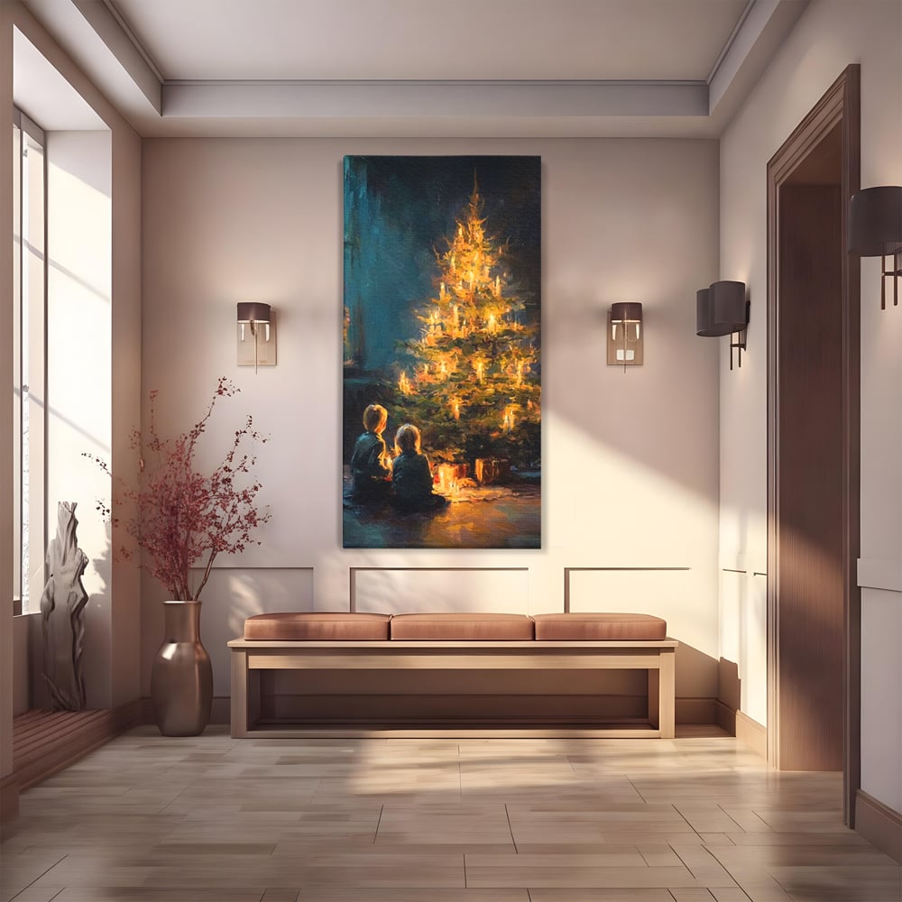 Tablou Canvas Premium, LuxCanva® D1138, Seara In Care Dorintele Se Aprind, Iarna, Sarbatori, Copii, Frate, Sora, Emotie, Asteptare, Mos Craciun, Ajun, Brad, Nostalgie, Living, Dormitor