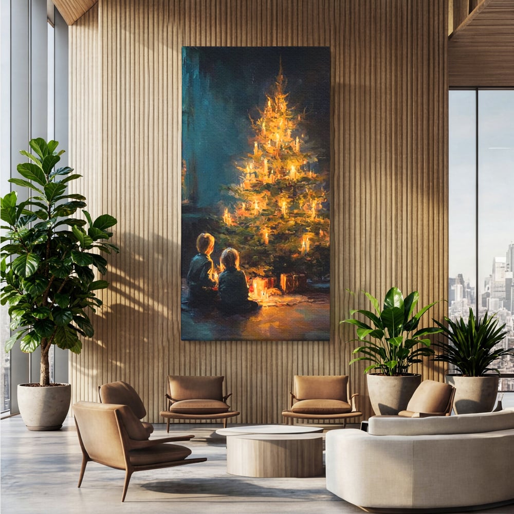 Tablou Canvas Premium, LuxCanva® D1138, Seara In Care Dorintele Se Aprind, Iarna, Sarbatori, Copii, Frate, Sora, Emotie, Asteptare, Mos Craciun, Ajun, Brad, Nostalgie, Living, Dormitor