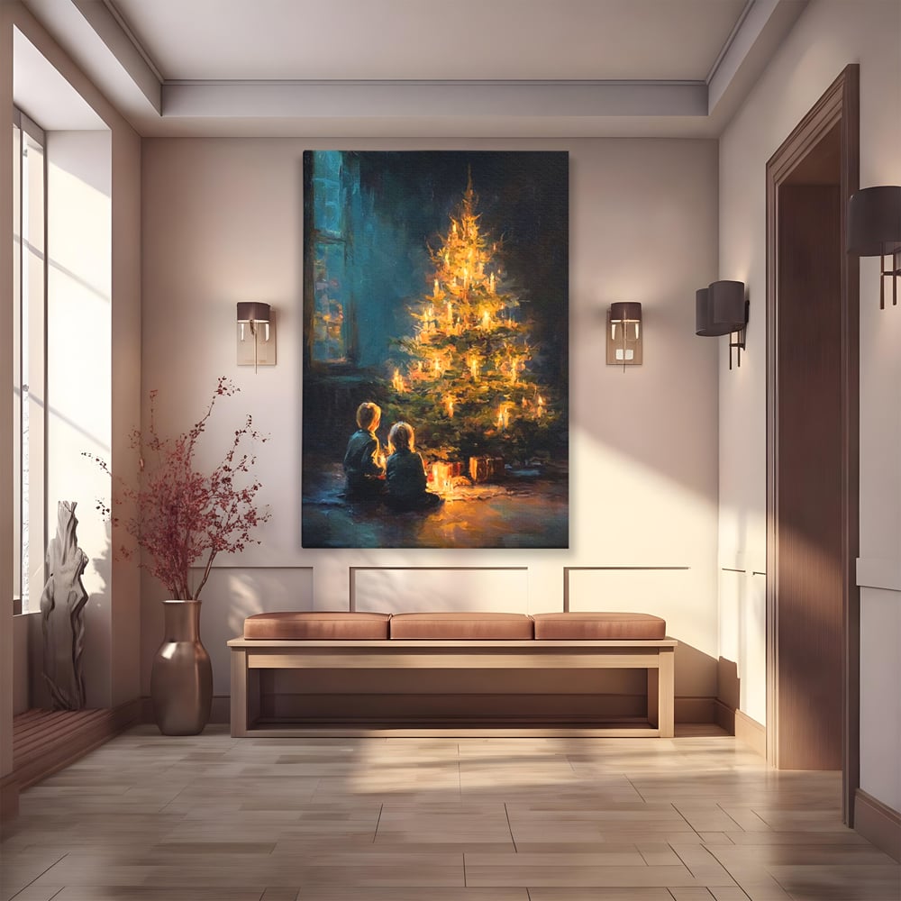 Tablou Canvas Premium, LuxCanva® D1138, Seara In Care Dorintele Se Aprind, Iarna, Sarbatori, Copii, Frate, Sora, Emotie, Asteptare, Mos Craciun, Ajun, Brad, Nostalgie, Living, Dormitor