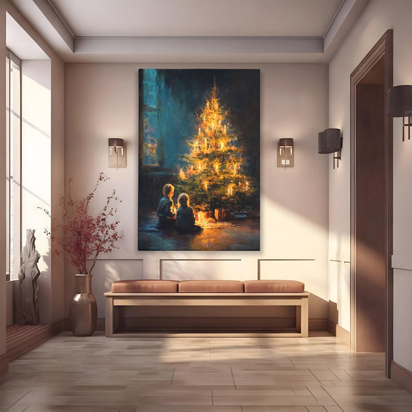 Tablou Canvas Premium, LuxCanva® D1138, Seara In Care Dorintele Se Aprind, Iarna, Sarbatori, Copii, Frate, Sora, Emotie, Asteptare, Mos Craciun, Ajun, Brad, Nostalgie, Living, Dormitor