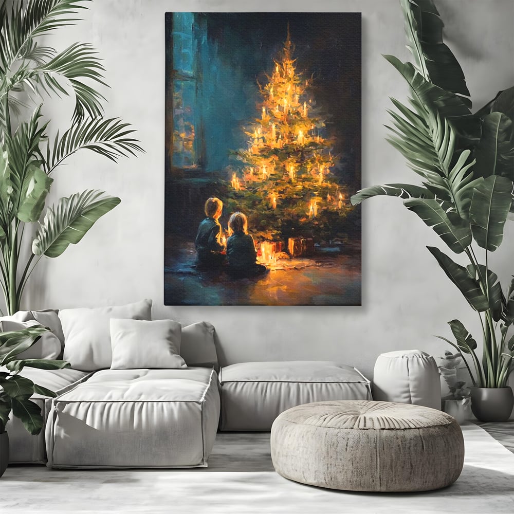 Tablou Canvas Premium, LuxCanva® D1138, Seara In Care Dorintele Se Aprind, Iarna, Sarbatori, Copii, Frate, Sora, Emotie, Asteptare, Mos Craciun, Ajun, Brad, Nostalgie, Living, Dormitor
