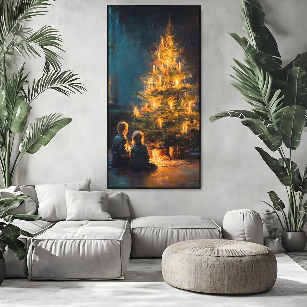 Tablou Canvas Premium, LuxCanva® D1138, Seara In Care Dorintele Se Aprind, Iarna, Sarbatori, Copii, Frate, Sora, Emotie, Asteptare, Mos Craciun, Ajun, Brad, Nostalgie, Living, Dormitor