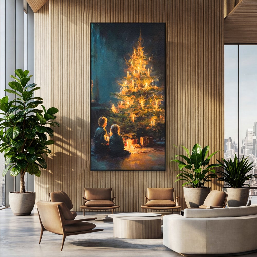 Tablou Canvas Premium, LuxCanva® D1138, Seara In Care Dorintele Se Aprind, Iarna, Sarbatori, Copii, Frate, Sora, Emotie, Asteptare, Mos Craciun, Ajun, Brad, Nostalgie, Living, Dormitor