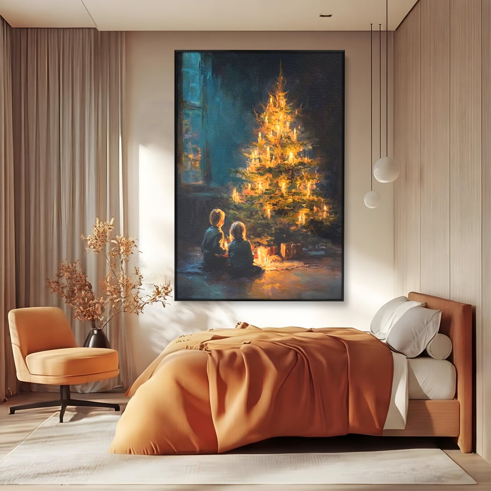 Tablou Canvas Premium, LuxCanva® D1138, Seara In Care Dorintele Se Aprind, Iarna, Sarbatori, Copii, Frate, Sora, Emotie, Asteptare, Mos Craciun, Ajun, Brad, Nostalgie, Living, Dormitor