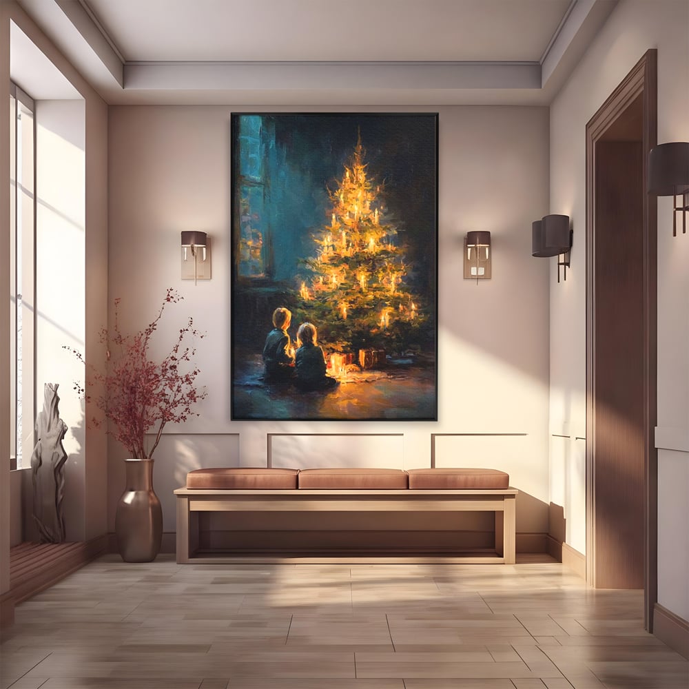 Tablou Canvas Premium, LuxCanva® D1138, Seara In Care Dorintele Se Aprind, Iarna, Sarbatori, Copii, Frate, Sora, Emotie, Asteptare, Mos Craciun, Ajun, Brad, Nostalgie, Living, Dormitor