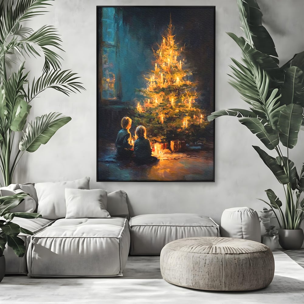 Tablou Canvas Premium, LuxCanva® D1138, Seara In Care Dorintele Se Aprind, Iarna, Sarbatori, Copii, Frate, Sora, Emotie, Asteptare, Mos Craciun, Ajun, Brad, Nostalgie, Living, Dormitor