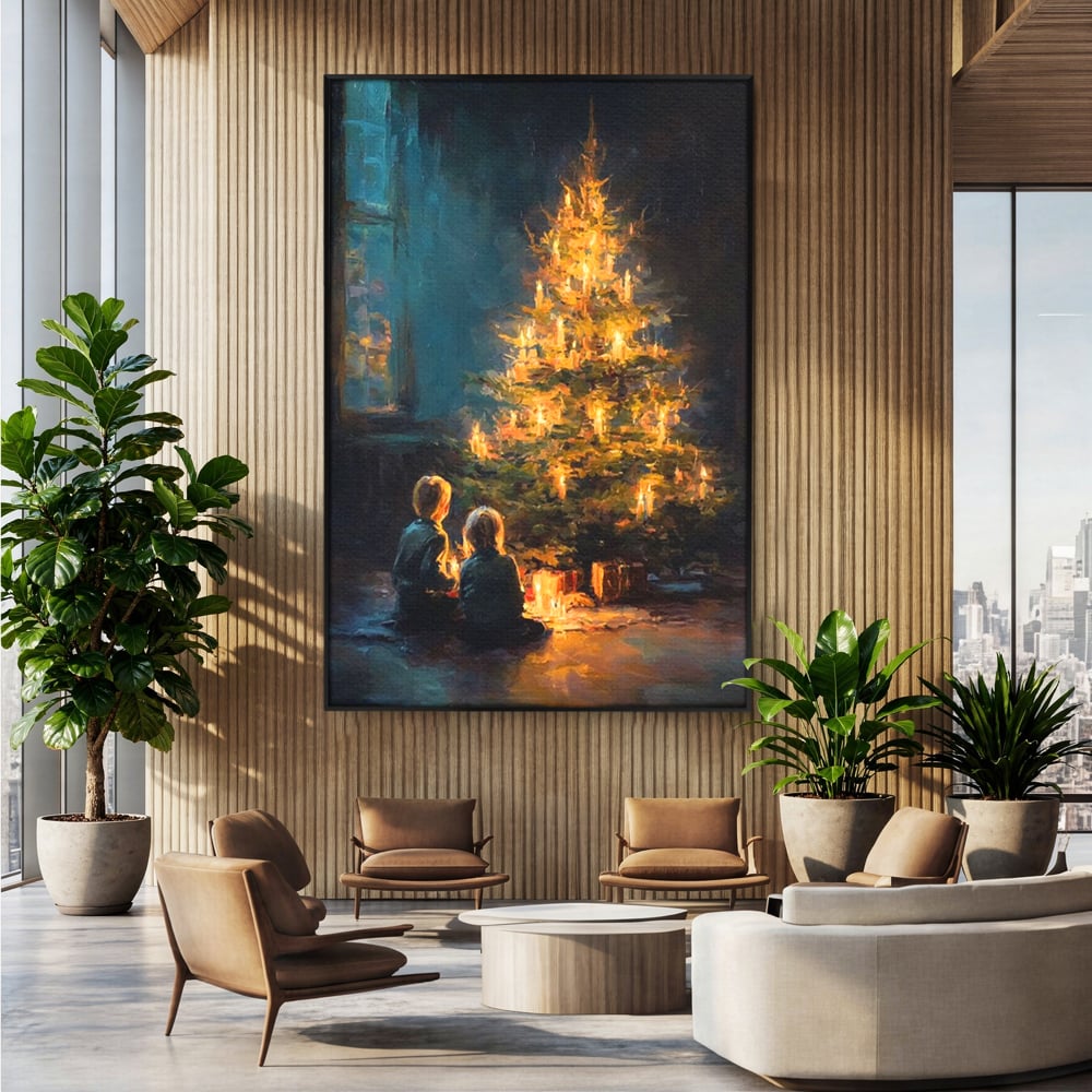 Tablou Canvas Premium, LuxCanva® D1138, Seara In Care Dorintele Se Aprind, Iarna, Sarbatori, Copii, Frate, Sora, Emotie, Asteptare, Mos Craciun, Ajun, Brad, Nostalgie, Living, Dormitor
