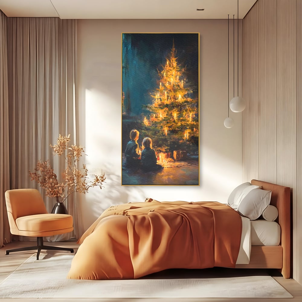 Tablou Canvas Premium, LuxCanva® D1138, Seara In Care Dorintele Se Aprind, Iarna, Sarbatori, Copii, Frate, Sora, Emotie, Asteptare, Mos Craciun, Ajun, Brad, Nostalgie, Living, Dormitor