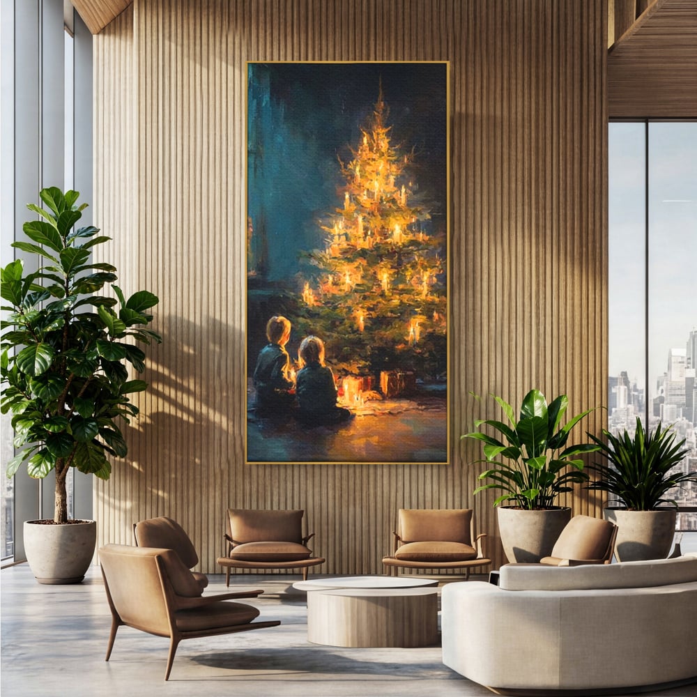 Tablou Canvas Premium, LuxCanva® D1138, Seara In Care Dorintele Se Aprind, Iarna, Sarbatori, Copii, Frate, Sora, Emotie, Asteptare, Mos Craciun, Ajun, Brad, Nostalgie, Living, Dormitor