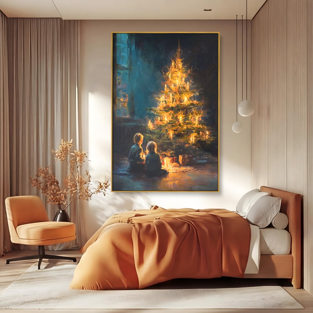 Tablou Canvas Premium, LuxCanva® D1138, Seara In Care Dorintele Se Aprind, Iarna, Sarbatori, Copii, Frate, Sora, Emotie, Asteptare, Mos Craciun, Ajun, Brad, Nostalgie, Living, Dormitor