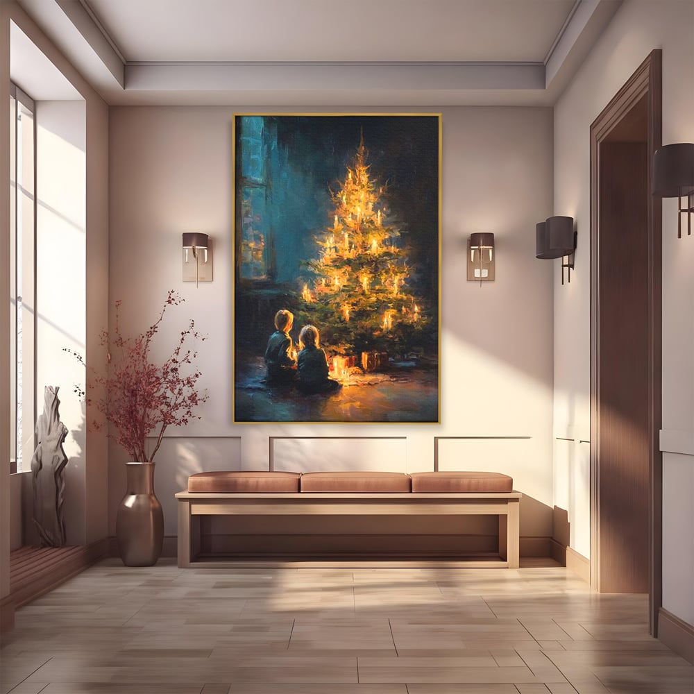 Tablou Canvas Premium, LuxCanva® D1138, Seara In Care Dorintele Se Aprind, Iarna, Sarbatori, Copii, Frate, Sora, Emotie, Asteptare, Mos Craciun, Ajun, Brad, Nostalgie, Living, Dormitor
