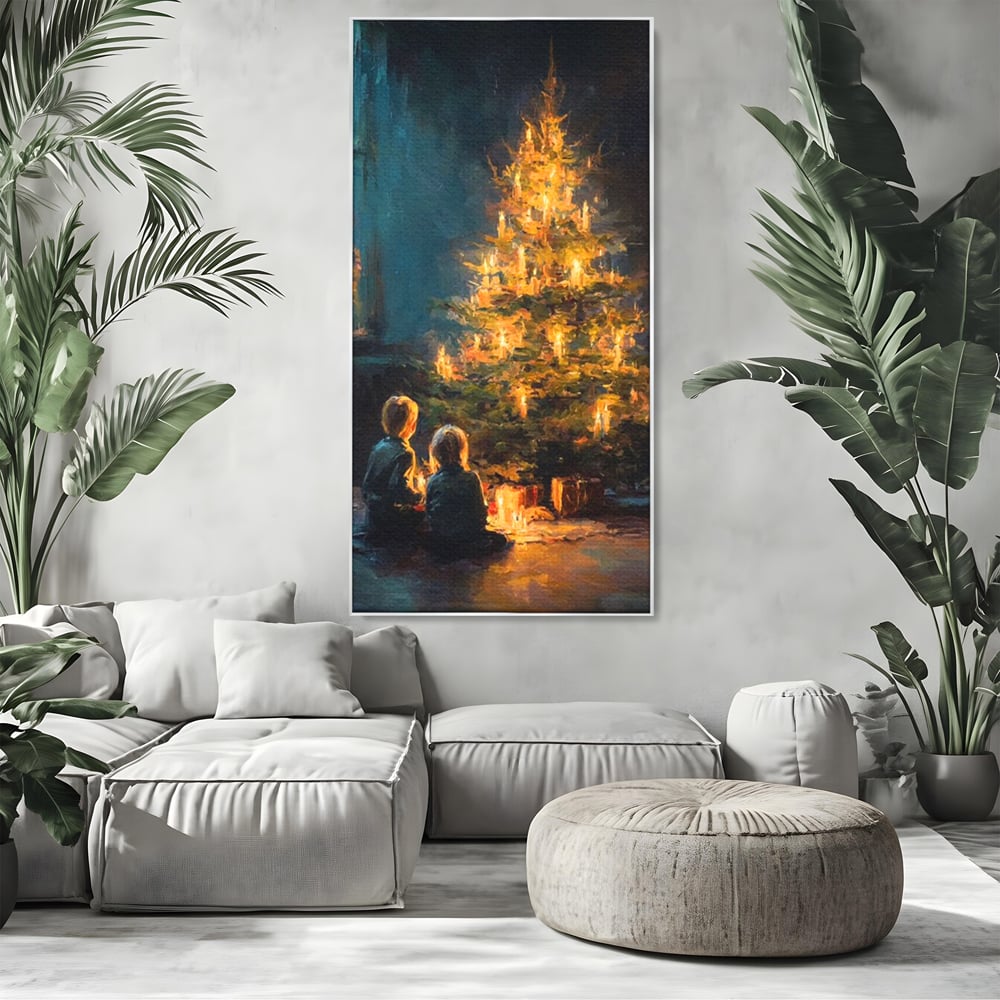 Tablou Canvas Premium, LuxCanva® D1138, Seara In Care Dorintele Se Aprind, Iarna, Sarbatori, Copii, Frate, Sora, Emotie, Asteptare, Mos Craciun, Ajun, Brad, Nostalgie, Living, Dormitor