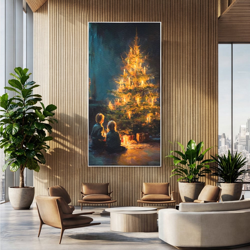 Tablou Canvas Premium, LuxCanva® D1138, Seara In Care Dorintele Se Aprind, Iarna, Sarbatori, Copii, Frate, Sora, Emotie, Asteptare, Mos Craciun, Ajun, Brad, Nostalgie, Living, Dormitor