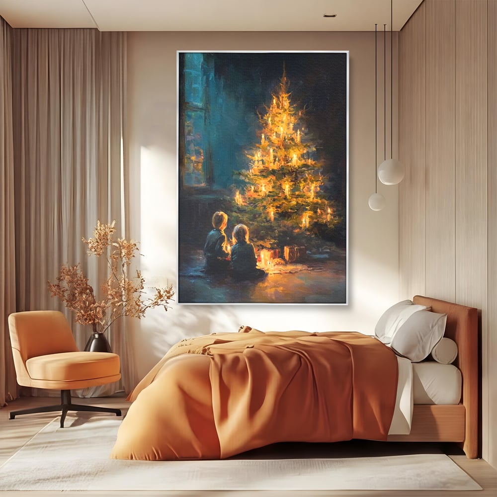 Tablou Canvas Premium, LuxCanva® D1138, Seara In Care Dorintele Se Aprind, Iarna, Sarbatori, Copii, Frate, Sora, Emotie, Asteptare, Mos Craciun, Ajun, Brad, Nostalgie, Living, Dormitor