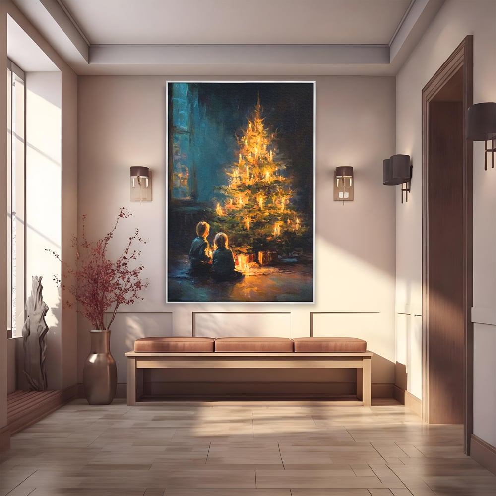 Tablou Canvas Premium, LuxCanva® D1138, Seara In Care Dorintele Se Aprind, Iarna, Sarbatori, Copii, Frate, Sora, Emotie, Asteptare, Mos Craciun, Ajun, Brad, Nostalgie, Living, Dormitor