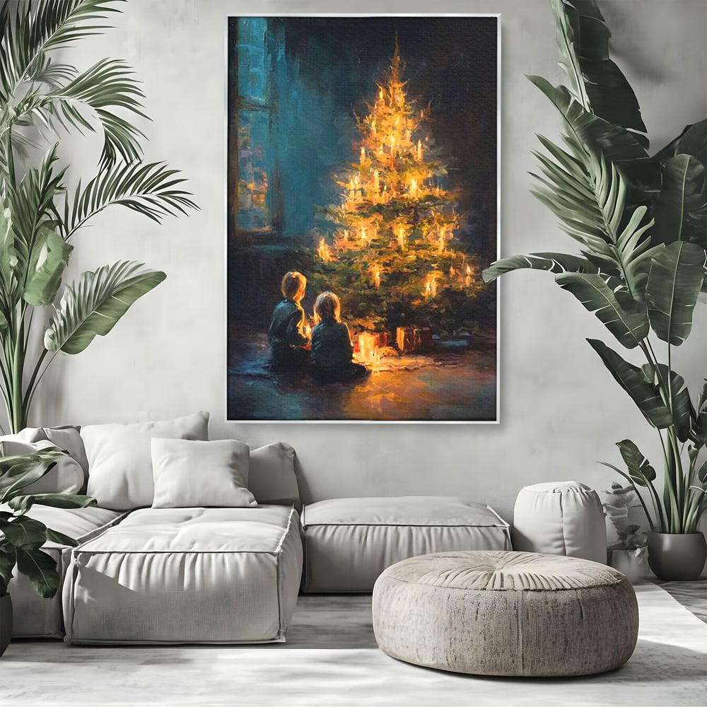 Tablou Canvas Premium, LuxCanva® D1138, Seara In Care Dorintele Se Aprind, Iarna, Sarbatori, Copii, Frate, Sora, Emotie, Asteptare, Mos Craciun, Ajun, Brad, Nostalgie, Living, Dormitor