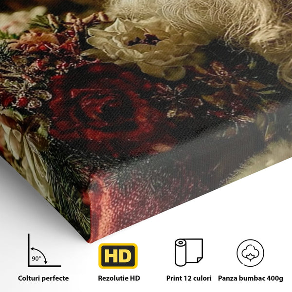 Tablou Canvas Premium, LuxCanva® D1139, Moment de Liniste cu Mos Craciun, Iarna, Ajun, Craciun, Mos, Rosu, Flori, Generozitate, Traditie, Blana, Alb, Barba, Trandafiri, Living, Dormitor