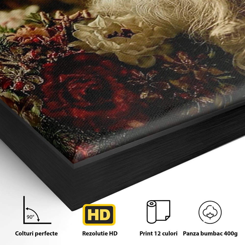 Tablou Canvas Premium, LuxCanva® D1139, Moment de Liniste cu Mos Craciun, Iarna, Ajun, Craciun, Mos, Rosu, Flori, Generozitate, Traditie, Blana, Alb, Barba, Trandafiri, Living, Dormitor