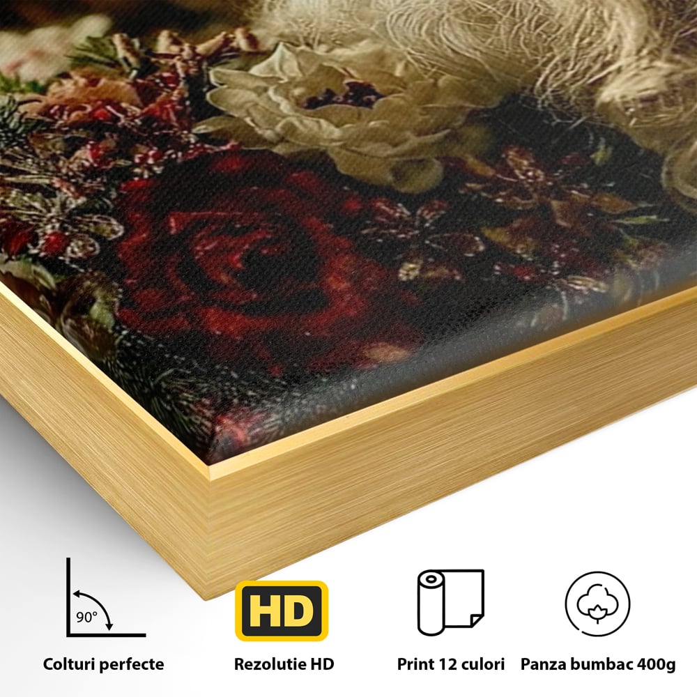 Tablou Canvas Premium, LuxCanva® D1139, Moment de Liniste cu Mos Craciun, Iarna, Ajun, Craciun, Mos, Rosu, Flori, Generozitate, Traditie, Blana, Alb, Barba, Trandafiri, Living, Dormitor