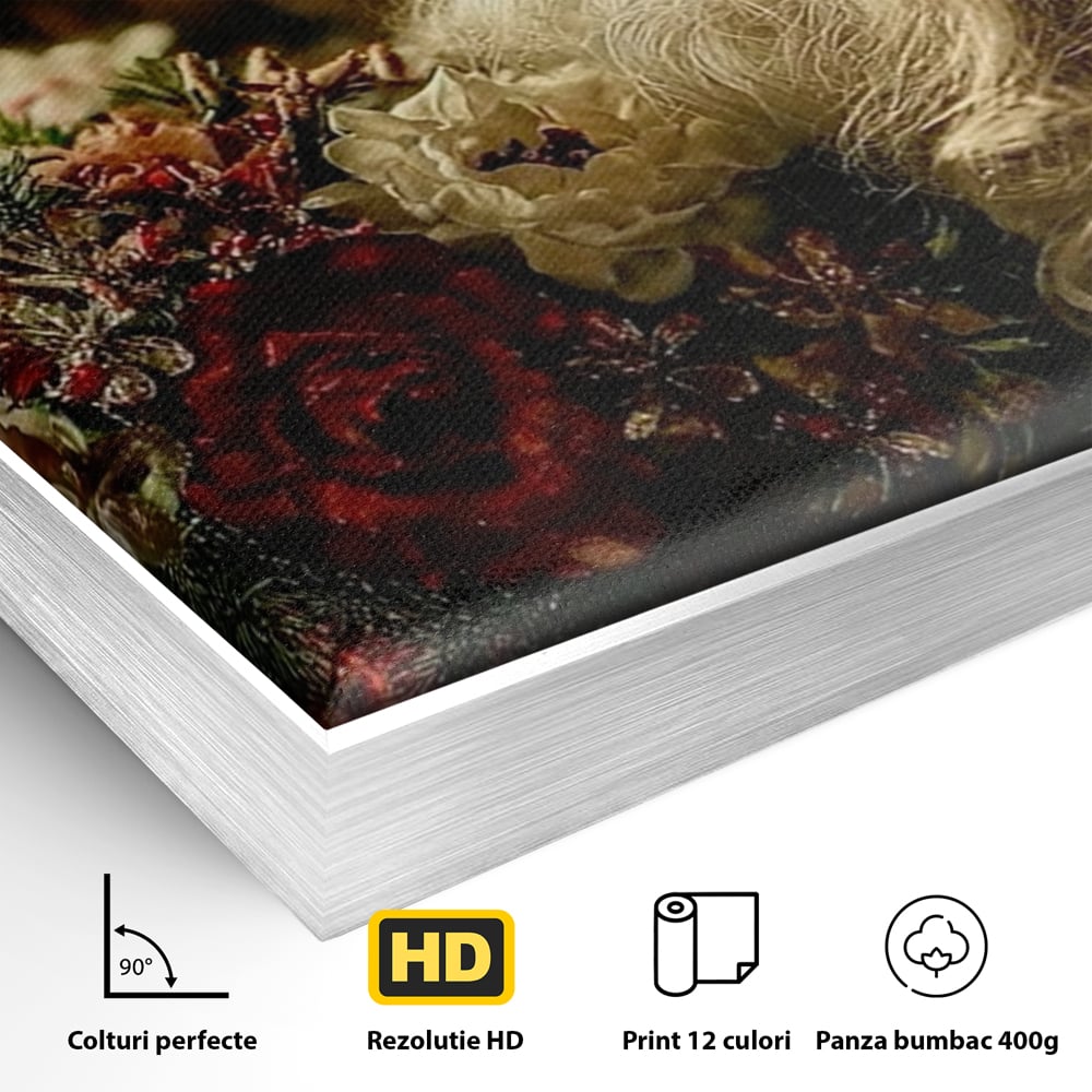 Tablou Canvas Premium, LuxCanva® D1139, Moment de Liniste cu Mos Craciun, Iarna, Ajun, Craciun, Mos, Rosu, Flori, Generozitate, Traditie, Blana, Alb, Barba, Trandafiri, Living, Dormitor