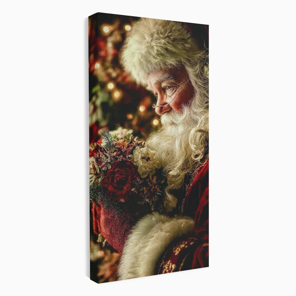 Tablou Canvas Premium, LuxCanva® D1139, Moment de Liniste cu Mos Craciun, Iarna, Ajun, Craciun, Mos, Rosu, Flori, Generozitate, Traditie, Blana, Alb, Barba, Trandafiri, Living, Dormitor