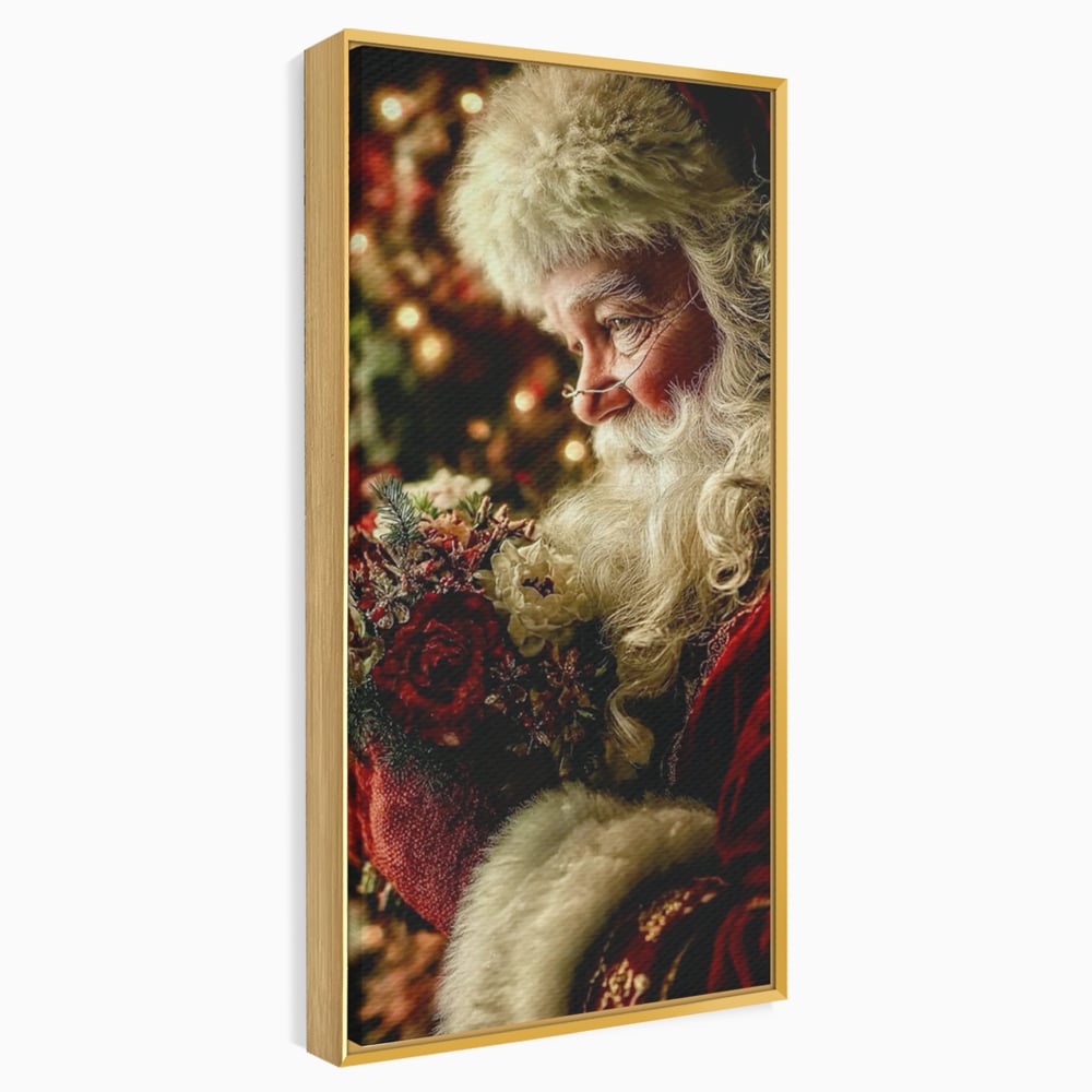 Tablou Canvas Premium, LuxCanva® D1139, Moment de Liniste cu Mos Craciun, Iarna, Ajun, Craciun, Mos, Rosu, Flori, Generozitate, Traditie, Blana, Alb, Barba, Trandafiri, Living, Dormitor