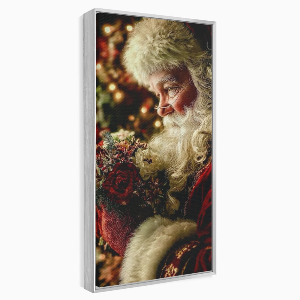 Tablou Canvas Premium, LuxCanva® D1139, Moment de Liniste cu Mos Craciun, Iarna, Ajun, Craciun, Mos, Rosu, Flori, Generozitate, Traditie, Blana, Alb, Barba, Trandafiri, Living, Dormitor