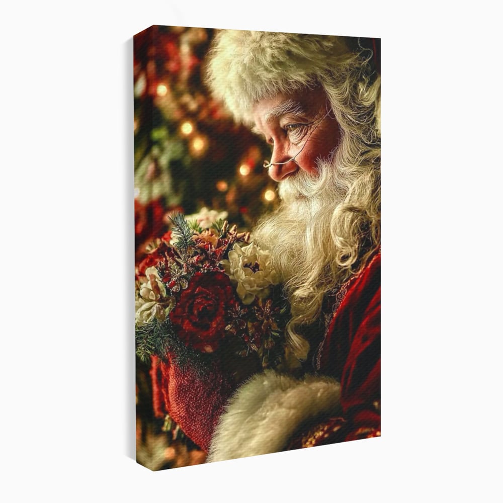 Tablou Canvas Premium, LuxCanva® D1139, Moment de Liniste cu Mos Craciun, Iarna, Ajun, Craciun, Mos, Rosu, Flori, Generozitate, Traditie, Blana, Alb, Barba, Trandafiri, Living, Dormitor