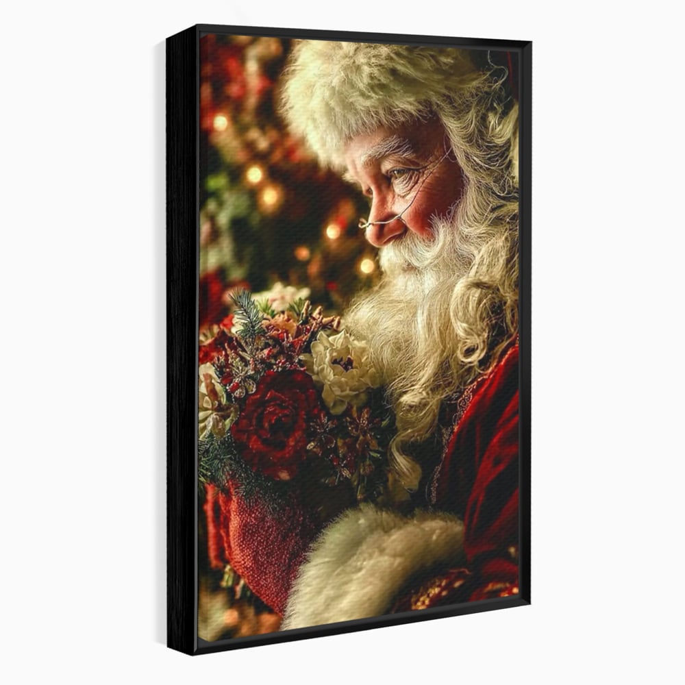Tablou Canvas Premium, LuxCanva® D1139, Moment de Liniste cu Mos Craciun, Iarna, Ajun, Craciun, Mos, Rosu, Flori, Generozitate, Traditie, Blana, Alb, Barba, Trandafiri, Living, Dormitor