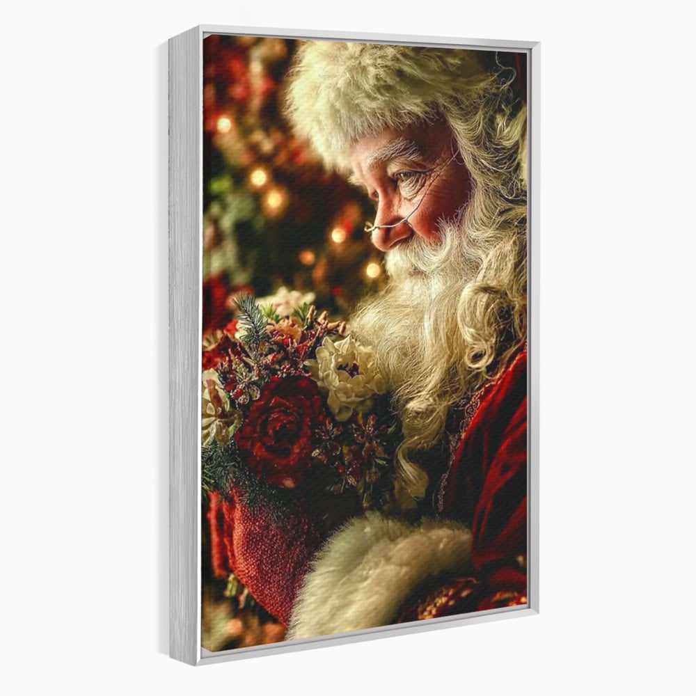 Tablou Canvas Premium, LuxCanva® D1139, Moment de Liniste cu Mos Craciun, Iarna, Ajun, Craciun, Mos, Rosu, Flori, Generozitate, Traditie, Blana, Alb, Barba, Trandafiri, Living, Dormitor