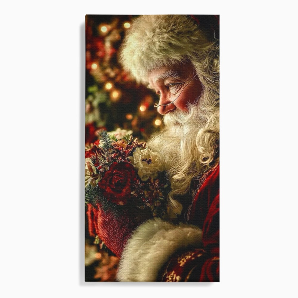 Tablou Canvas Premium, LuxCanva® D1139, Moment de Liniste cu Mos Craciun, Iarna, Ajun, Craciun, Mos, Rosu, Flori, Generozitate, Traditie, Blana, Alb, Barba, Trandafiri, Living, Dormitor