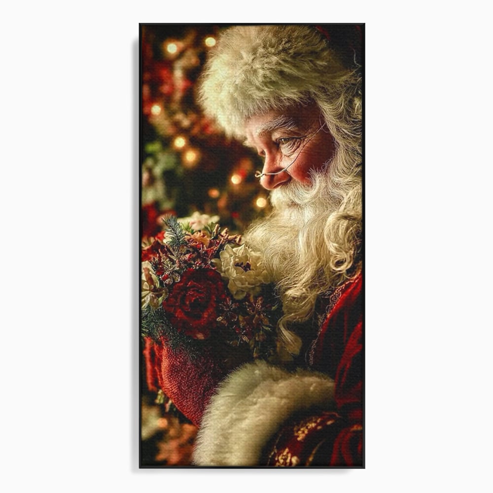 Tablou Canvas Premium, LuxCanva® D1139, Moment de Liniste cu Mos Craciun, Iarna, Ajun, Craciun, Mos, Rosu, Flori, Generozitate, Traditie, Blana, Alb, Barba, Trandafiri, Living, Dormitor